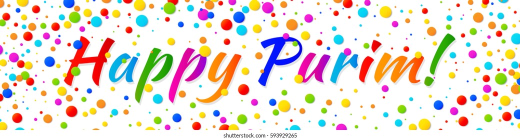 Vector Web Banner Happy Purim carnival text with colorful rainbow colors paper confetti frame isolated on white background. Birthday template. Purim Jewish holiday.