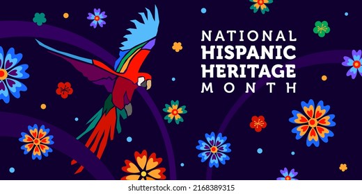 Vector web banner. Hispanic heritage month. Poster, card for social media, networks. Greeting with national Hispanic heritage month text on floral pattern background. Multicoloured parakeet, parrot.