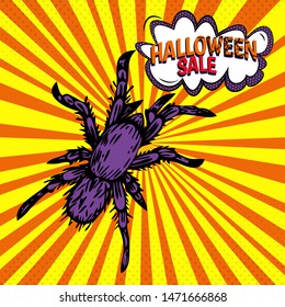 Vector web banner with icon of purple spider on yellow orange background with comics rays and dots. Poster, leaflet in pop art style. Spotted Speech Bubble with text Halloween sale.