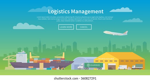 Vector web banner on the theme of Logistics, Warehouse, Freight, Cargo Transportation. Storage of goods, Insurance. Maritime port. Save storage. Modern flat design.