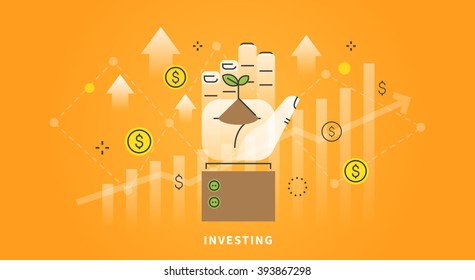 Vector web banner on the theme: investing, money, Deposit. How to make money. Sprout in hand. Linear and flat design.