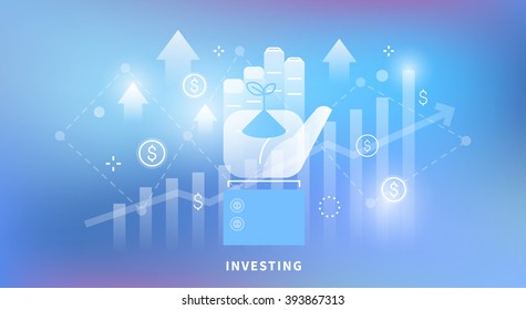 Vector web banner on the theme: investing, money, Deposit. How to make money. Sprout in hand. Linear and flat design. Neon background.