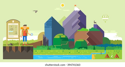 Vector web banner on the theme of Climbing, Trekking, Hiking, Walking. Sports, outdoor recreation, adventures in nature, vacation. Flat style.