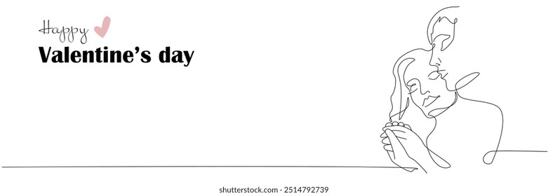 Vector web banner with one line art illustration of a lovers. Man and woman in love in oneline art style for Valentines Day card