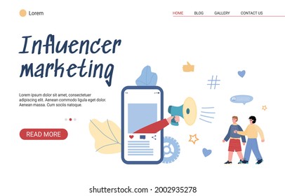 Vector web banner for online promotion of services and goods. Advertising marketing influencer concept. Loudspeaker on mobile phone screen influence on potential buyers or consumer