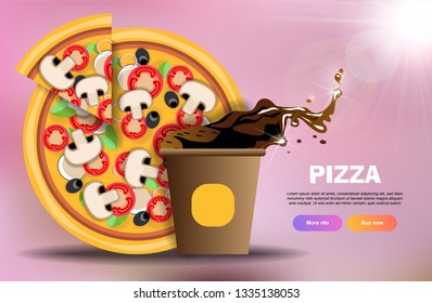 vector web banner with pizza with mushrooms and a glass of coffee