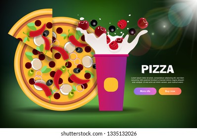 vector web banner with pizza with pepper and a glass of cocktail