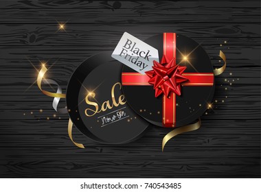 Vector web banner or poster for Black Friday Sale. Top view on composition with gift box, bow, ribbon and wooden background.
