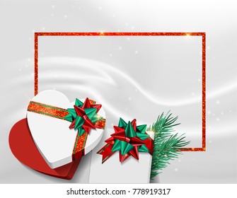 Vector web banner or poster for Christmas. Top view on composition with gift box, bow, ribbon, tree branches and silk background.
