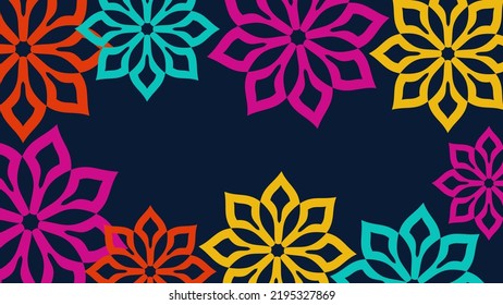 Vector. Web banner, poster, cover, splash screen, social media with copy space for text. Perforated bright patterns Papel Picado pattern hand-drawn on a colored background. Spanish Heritage Month.