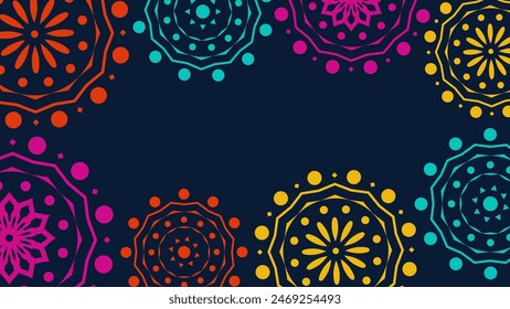 Vektorgrafik. Web-Banner, Poster, Cover, Splash-Bildschirm, Social Media, Hintergrund mit Kopierraum für Ihren Text. Perforierte helle Muster Papel Picado, Blumenmuster. In: National Hispanic Heritage Month. 