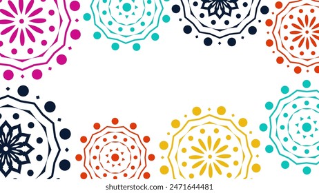 Vektorgrafik. Web-Banner, Poster, Cover, Splash-Bildschirm, Social Media, Hintergrund mit Kopierraum für Ihren Text. Perforierte helle Muster Papel Picado, Blumenmuster. In: National Hispanic Heritage Month. 