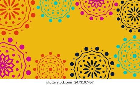 Vektorgrafik. Web-Banner, Poster, Cover, Splash-Bildschirm, Social Media, Hintergrund mit Kopierraum für Ihren Text. Perforierte helle Muster Papel Picado, Blumenmuster. In: National Hispanic Heritage Month. 