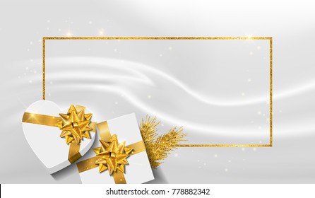 Vector web banner or poster for holiday or christmas. Top view on composition with gift box, bow, ribbon, tree branches and silk background.