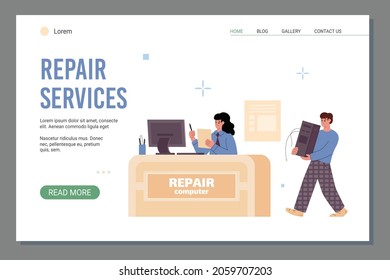 Vector web banner for reception desk at computer repair service with female administrator. Woman receptionist take orders for maintenance hardware by professional technical staff