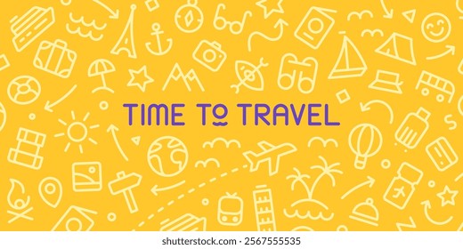 Vector web banner. Road Trip. Line icons about travelling, tourism, hiking, summertime, vacation, camping, landmarks, outdoor recreation, transportation. Around the world. Time to travel.