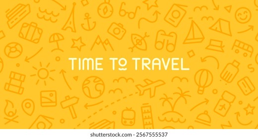 Vector web banner. Road Trip. Line icons about travelling, tourism, hiking, summertime, vacation, camping, landmarks, outdoor recreation, transportation. Around the world. Time to travel.