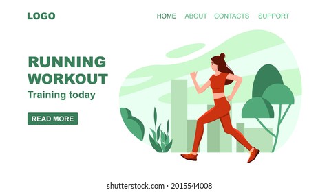 Vector web banner Running workout. Young sportive woman running in the city park. Healthy lifestyle. Vector illustration in flat style.