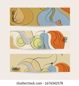 Vector web banner template. Abstract hand dawn fruit header. Grange textured flat design. Organic natural food artistic illustration. Cartoon calligraphic line logo with smooth curves.