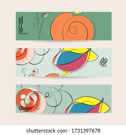 Vector web banner template. Abstract hand dawn fruit header. Grange textured flat design. Organic natural food artistic illustration. Cartoon calligraphic line logo with smooth curves.