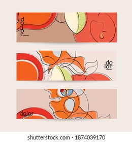 Vector web banner template. Abstract hand dawn fruit header. Grange textured flat design. Organic natural food artistic illustration. Cartoon calligraphic line logo with smooth curves.