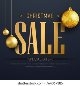 Vector web banner template for Christmas sale. Design with a black background and gold text and balls.