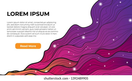Vector web banner template with colorful cosmic hand draw flowing liquid wave with stars on white baclground. Landing page template for your business.