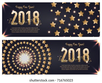 Vector web banner template for happy new year 2018, executed in polygonal and gold style. A set of two banners with sparkling particles and stars. Golden letters with low poly style