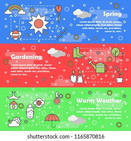 Vector web banner template set. Spring, Gardening, Warm weather concept thin line art flat style design elements.