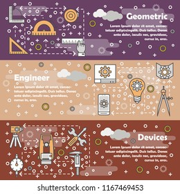 Vector web banner template set with engineering measuring tools and equipment, copy space. Geometric, Engineer, Devices concept thin line art flat style design elements.
