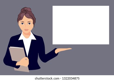 Vector web banner template with space for text and business welcoming attractive lady pointing her hand to the side for advertisement. Grey background, neutral colors. 