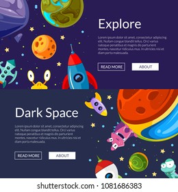 Vector web banners illustration with cartoon space planets and ships
