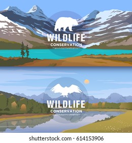 Vector web banners on the themes of wild animals of America, survival in the wild, hunting, camping, trip. Mountain landscape. Wildlife conservation.