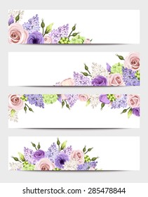 Vector Web Banners With Pink, Purple, White And Green Roses, Lisianthuses, Hydrangea And Lilac Flowers.