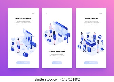 Vector web banners templates set with isometric people characters for websites, or mobile apps 3d isometric vector illustration. Online shopping, e-mail marketing and seo analytics concepts.