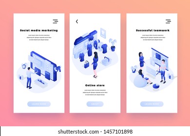 Vector web banners templates set with isometric people characters for websites, or mobile apps 3d isometric vector illustration. Social media marketing, online store and successful teamwork concepts.