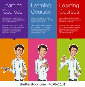 Vector web banners for training course. Website vertical template banners. Vector template for ads banner. Training course banner. Character man for presentation training course. Banner with character