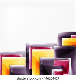 Vector web brochure, internet flyer, wallpaper or cover poster design. Geometric style, colorful realistic glossy arrow shapes with copyspace. Directional idea banner