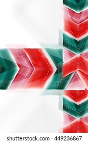 Vector web brochure, internet flyer, wallpaper or cover poster design. Geometric style, colorful realistic glossy arrow shapes with copyspace. Directional idea banner