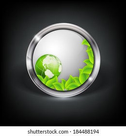 Vector web button with metallic border, globe and leaves. Eps10