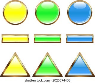 Vector web buttons in yellow, green and blue colors, different shapes round, rectangular and triangular.
