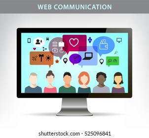 Vector web communication illustration, social net concept. People talking on different topics, realistic monitor of computer