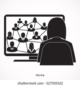 Vector web communication illustration, social net concept. People talking on different topics, realistic monitor of computer.