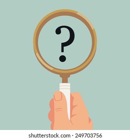 Vector web concept banner on research, study and puzzle solving with male hand holding magnifying glass with question mark inside