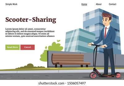 Vector web concept headline banner. A Man rides a scooter. Cityscape.Vector of a young business man riding an electric scooter on a modern cityscape background.