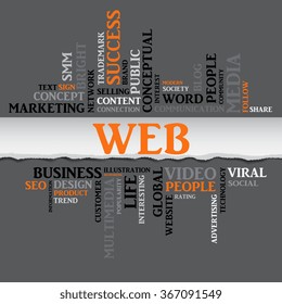 Vector WEB concept related words in tag cloud isolated on gray background with different association internet and business terms. The effect of torn paper