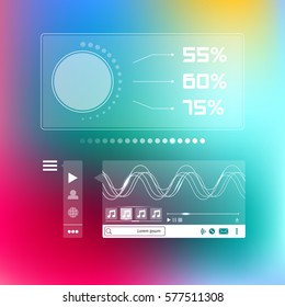 Vector Web Design Elements On Blurred Background. Music Player Box Social Infographic Template. Flat Ui Design Infographic App. User Interface Wizard Buttons On Minimalistic Backdrop. Vapor Wave