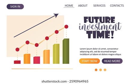 Vector web design featuring a growth chart, motivational investment text, and navigation buttons  
