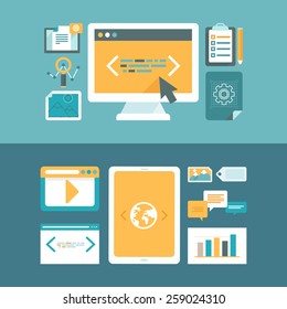 Vector web development and digital content marketing concepts in flat style - icons and illustrations for horizontal website headers 