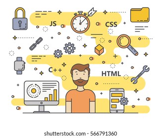 Vector web development, programming concept banner. Digital devices, programmer creating website, writing computer software, mobile applications. Thin line flat design symbols and icons for web, print